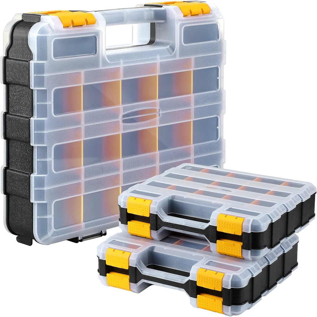 Tuanse 3 Pack Double Sided Tool Box Small Parts Organizer Hardware Storage Container Tackle Case with 34 Removable Compartments for Screws Nuts Nails Bolts, Christmas Gifts for Men(Yellow)