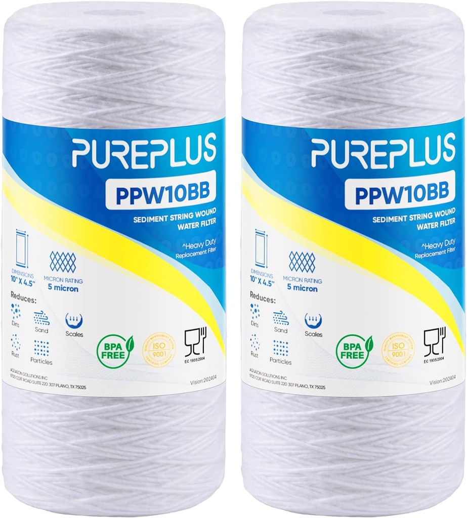 PUREPLUS 5 Micron 10 x 4.5 Whole House String Wound Sediment Filter for Well Water, Replacement Cartridge for 84637, WPX5BB97P, PC10, 355214-45, 355215-45, WP10BB97P, WP5BB97P, 2Pack