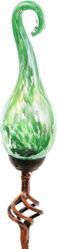 Exhart Garden Solar Lights, Decorative LED Flame Garden Stake, Hand Blown Glass and Metal Outdoor Decoration, Spiral Green, 3 x 36 Inch