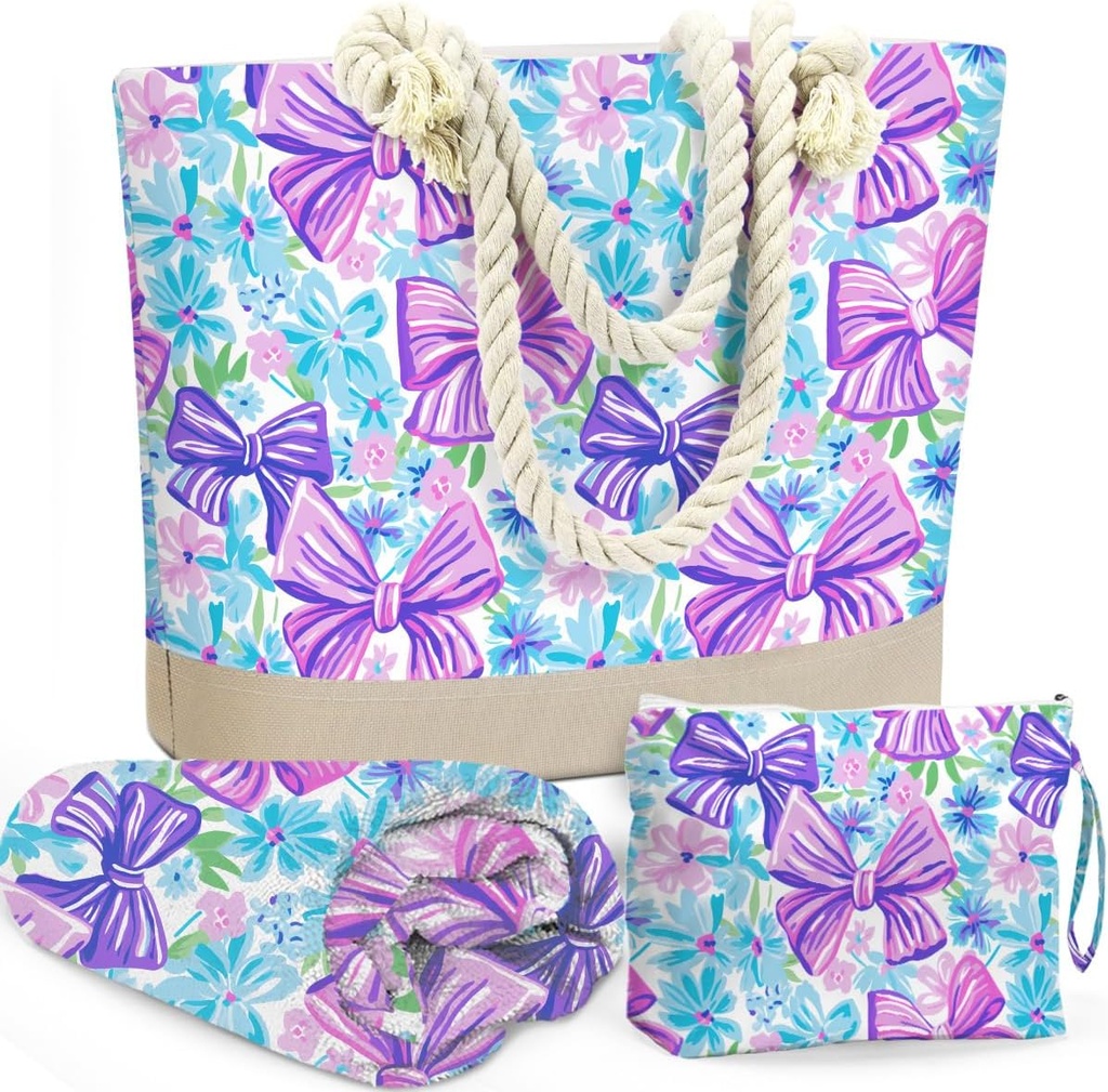 BELLOWDEER Beach Bags for Women, Beach Towel, Wet Bag Cosmetic Bag, Pool Waterproof Shoulder Tote Bags, Pocket Zipper Summer Travel Essentials, Gifts for Women Birthday - Purple Bow （3-Piece Set）