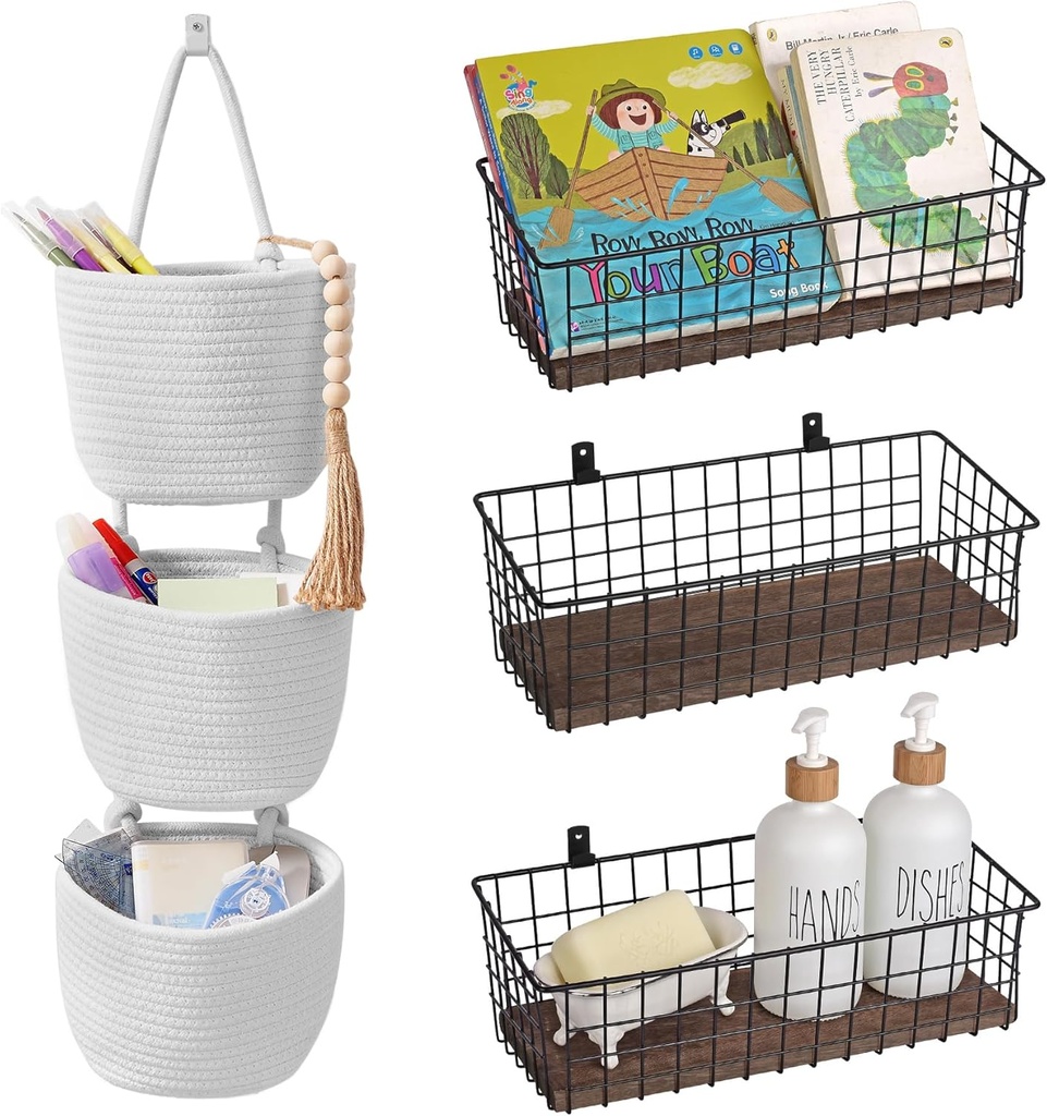 Wall Hanging Baskets - 3 Large Diversified Wire Basket Shelves of Wooden Style and 3-Tier Boho Style Wall Mounted Bag with Adhesive Hook, for Kitchen Coffee Bar Office Garage Storage Organization