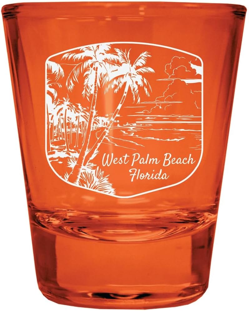 R and R Imports West Palm Beach Florida Souvenir Engraved Full Color 2oz Shot Glass Orange 2-Pack