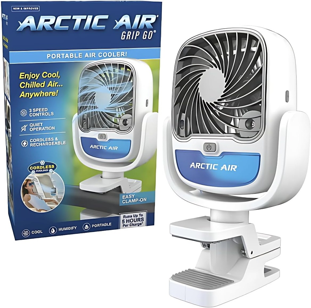 Portable Evaporative Air Cooler, Rechargeable Cooling Fan, Clamp-On Space Cooler, Spins 360 Degrees, 3 Different Powerful Fan Speeds