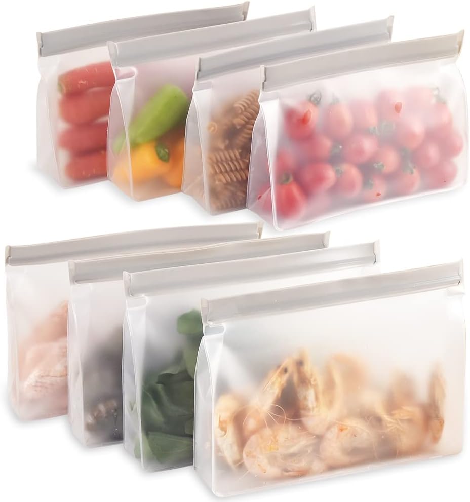 Reusable Storage Bags, Stand Up Ziplock Bags, Reusable Sandwich Bags, Freezer Lunch Bags, Leakproof, BPA Free, 4 Large bags, 4 Middle bags
