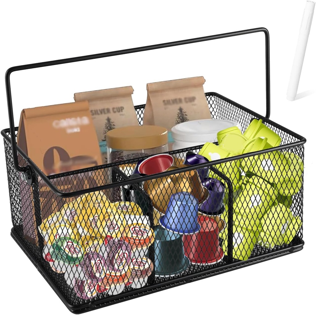 Coffee Bar Organizer,Metal Mesh Coffee Bar Accessories with Hideaway Handle,Large Capacity coffe e Station Organizer Basket for Countertop,for coffee Pods Holder,Tea Condiment(Black)