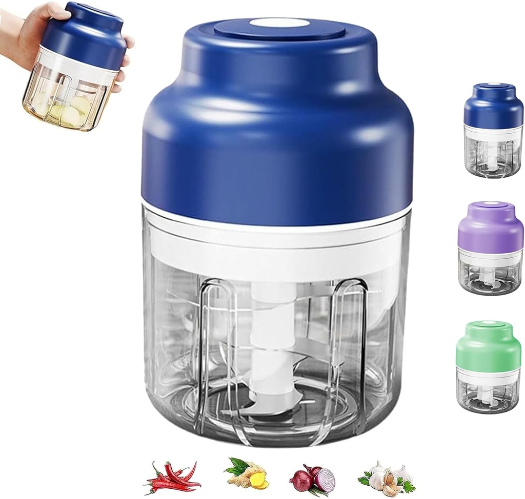Electric Mini Garlic Chopper Set, Multi-functional Portable Vegetable Cutter Set, 250/ 320ML Rechargeable Small Food Processor for Chili Onion Ginger (blue,250ml)