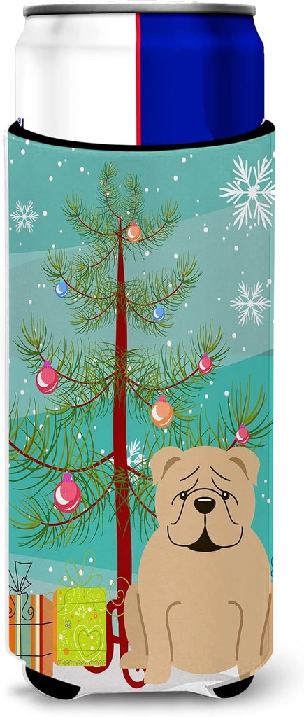 Caroline's Treasures Merry Christmas Tree English Bulldog Fawn Michelob Ultra Hugger for Slim Cans, Multicolor