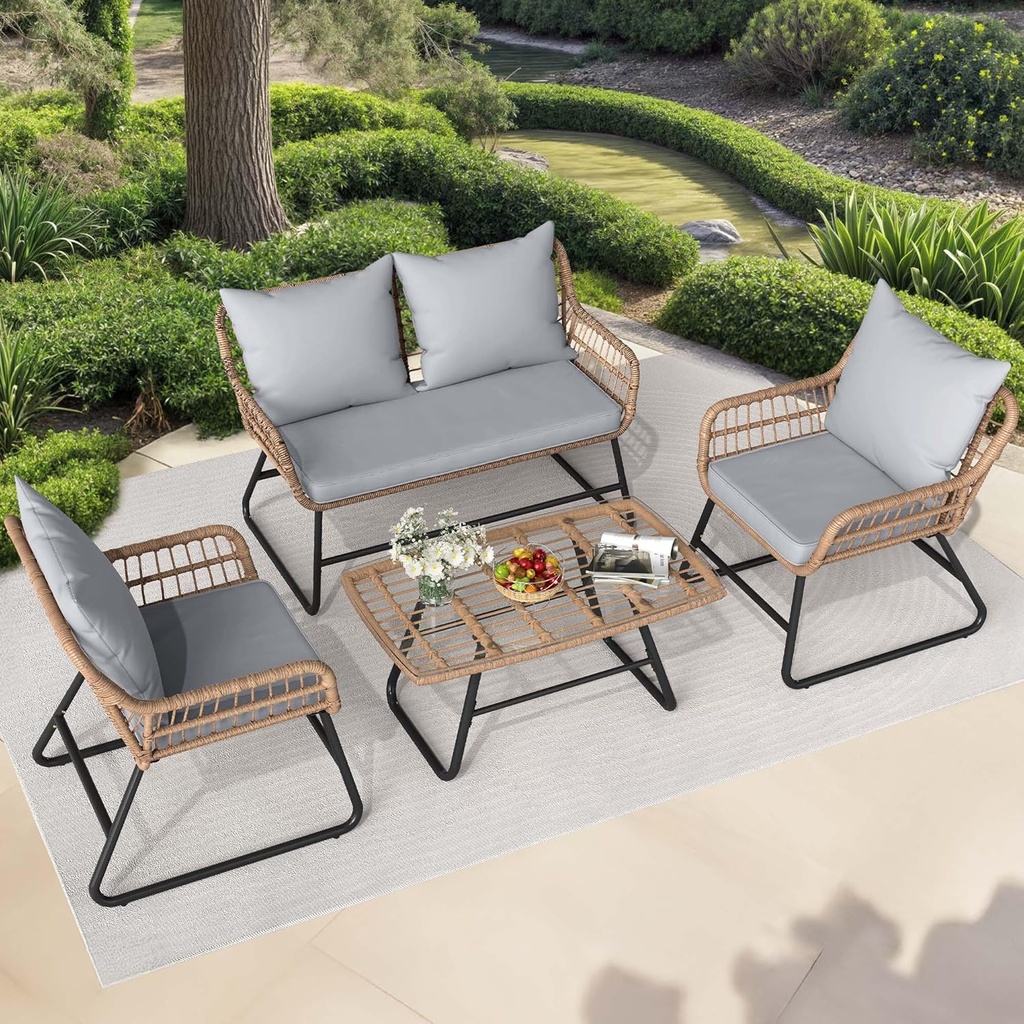 YITAHOME 4-Piece Patio Furniture Set, Wicker Outdoor Furniture Set with Cushions, Outdoor Table and Chairs for Balcony, Backyard, Deck, All-Weather Rattan Conversation Set, Light Gray