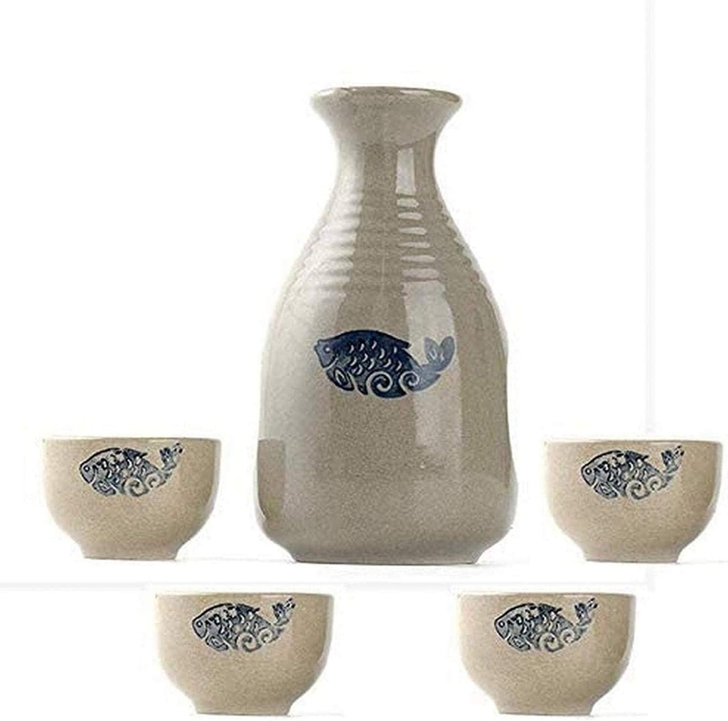 Ceramic Sake Set Sake Set 5 Piece Japanese Style Sake Set Traditional Ceramic Crafts, Hand Painted Fish Pattern Design Wine Series, Ideal for Japanese Sake