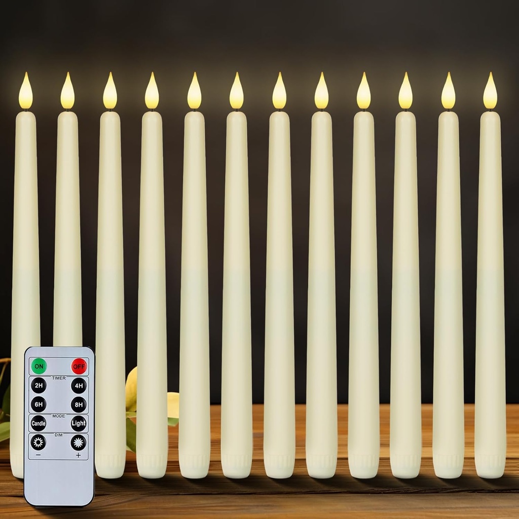Homemory 12 Pcs Flameless Taper Candles with Remote Timer Dimmer, 11 inches Ivory Taper Candles Battery Operated, Plastic LED Candlesticks with Flickering Flame for Halloween Christmas Church Wedding