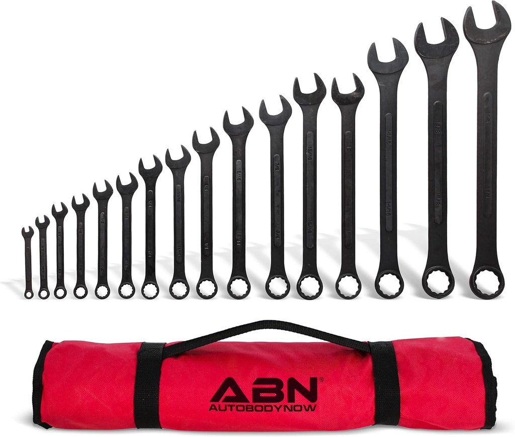 ABN Standard Wrenches Set - 16 Piece SAE Combination Wrench Set 1/4in to 1-1/4in SAE Wrench Set with Roll Up Pouch