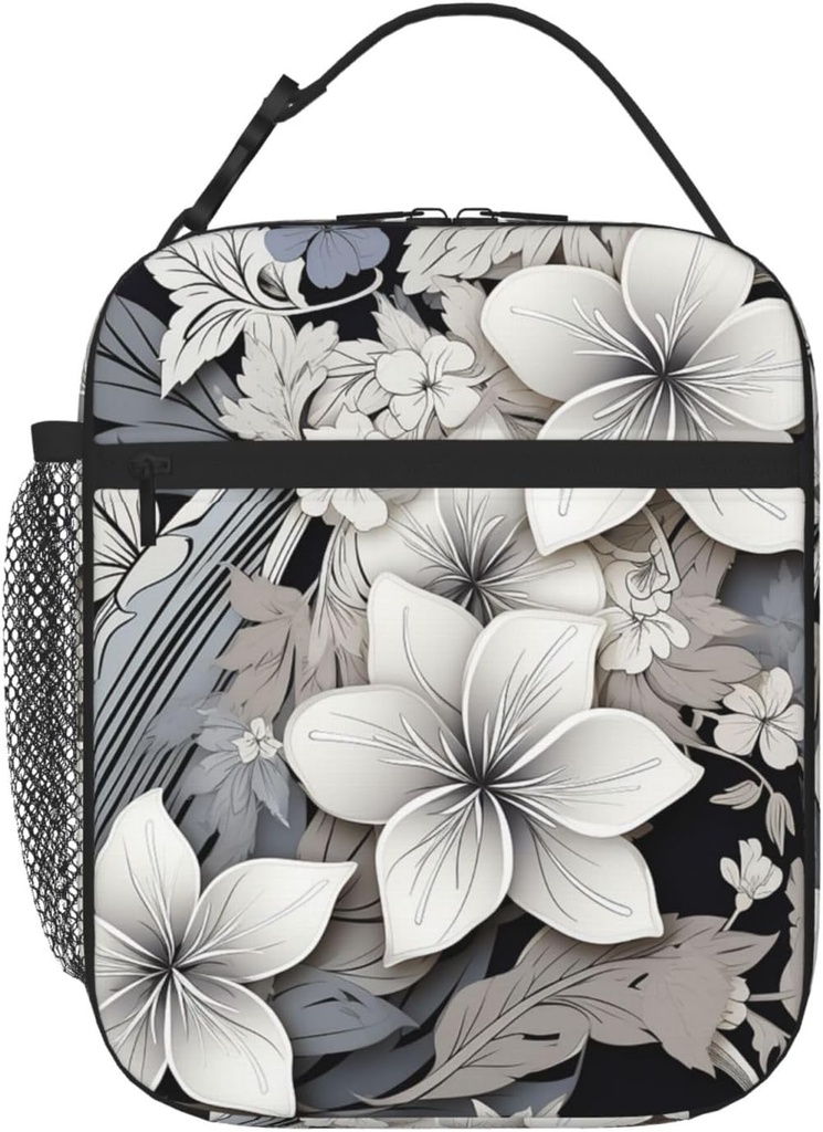 Lunch Box for Women Black And White Tropical Flowers Lunch Bags for Men Lunchbox Insulated Lunch Bag Reusable Lunch Boxes