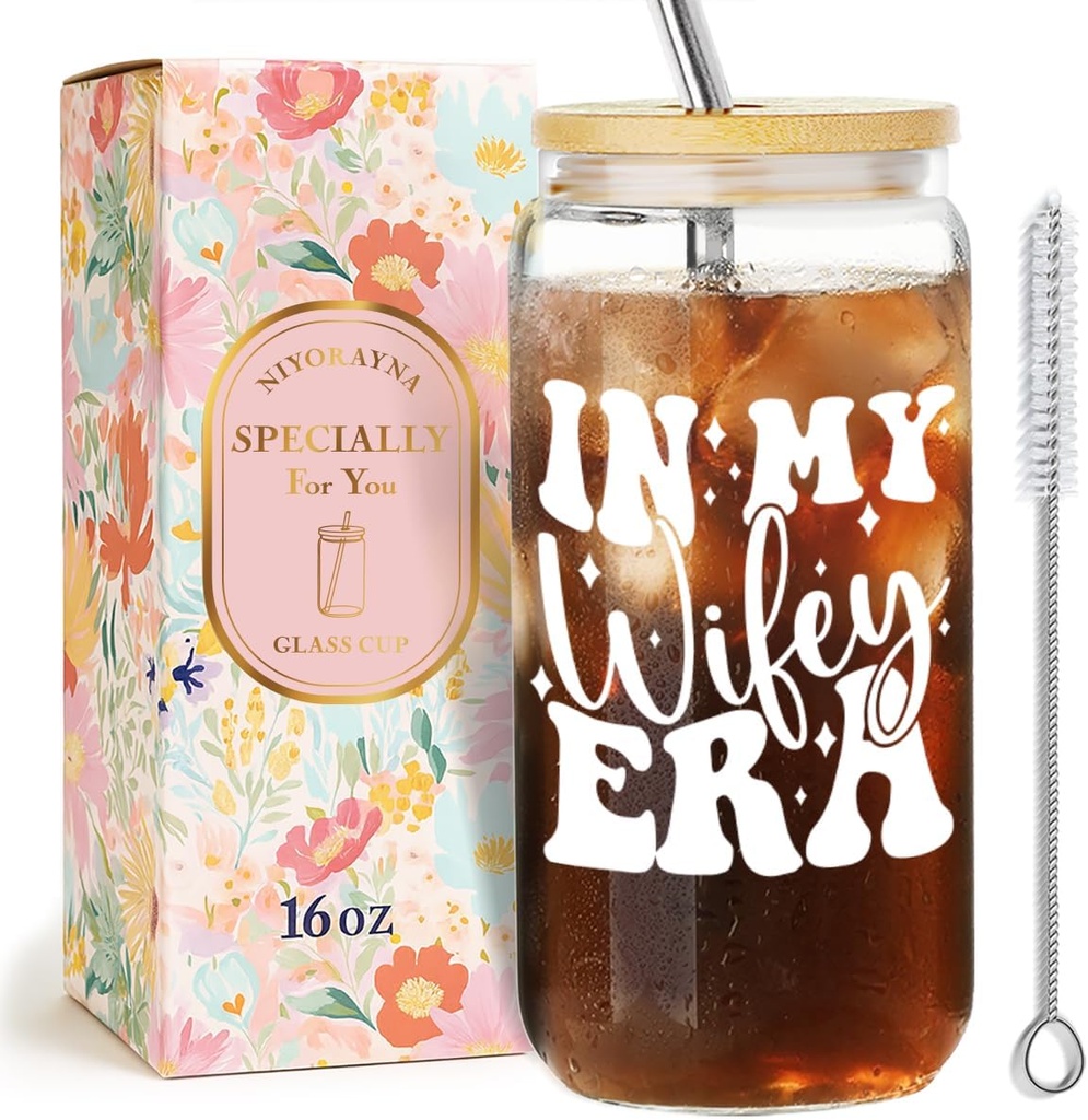 In My Wifey Era,Funny Drinking Glass Cups Wifey Gifts for Women Wife Bride Fiance,Glass Cup with Lid and Straw Bachelorette Gifts for Bride,Glass Tumbler Gift for Birthday,Wedding,Bridal Shower-13