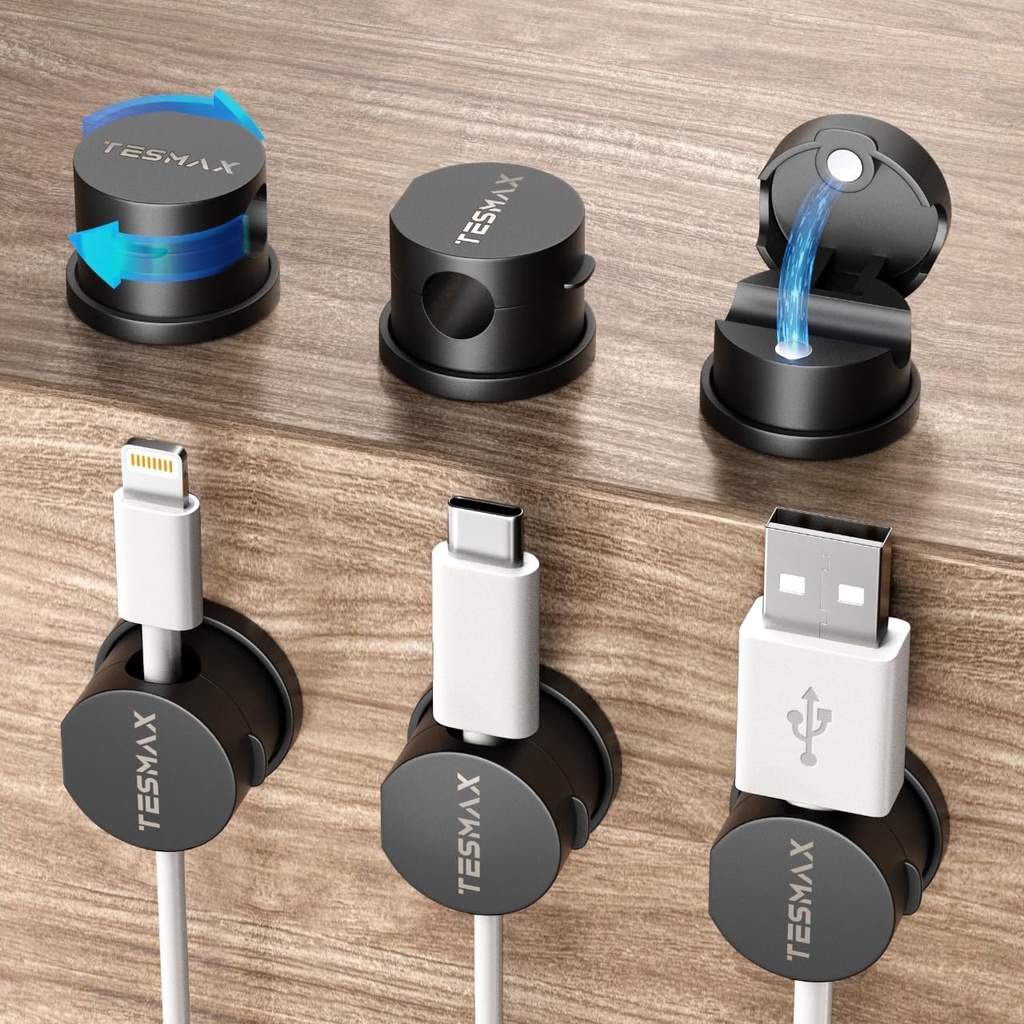 Magnetic Cord Holder 360°Rotation Cord Organizer, 6Pack Cable Clips [1s Lock] Adhesive Cable Management Desk Organizers and Accessories, Phone Charging Wire Holder for Nightstand,Car,Home Office