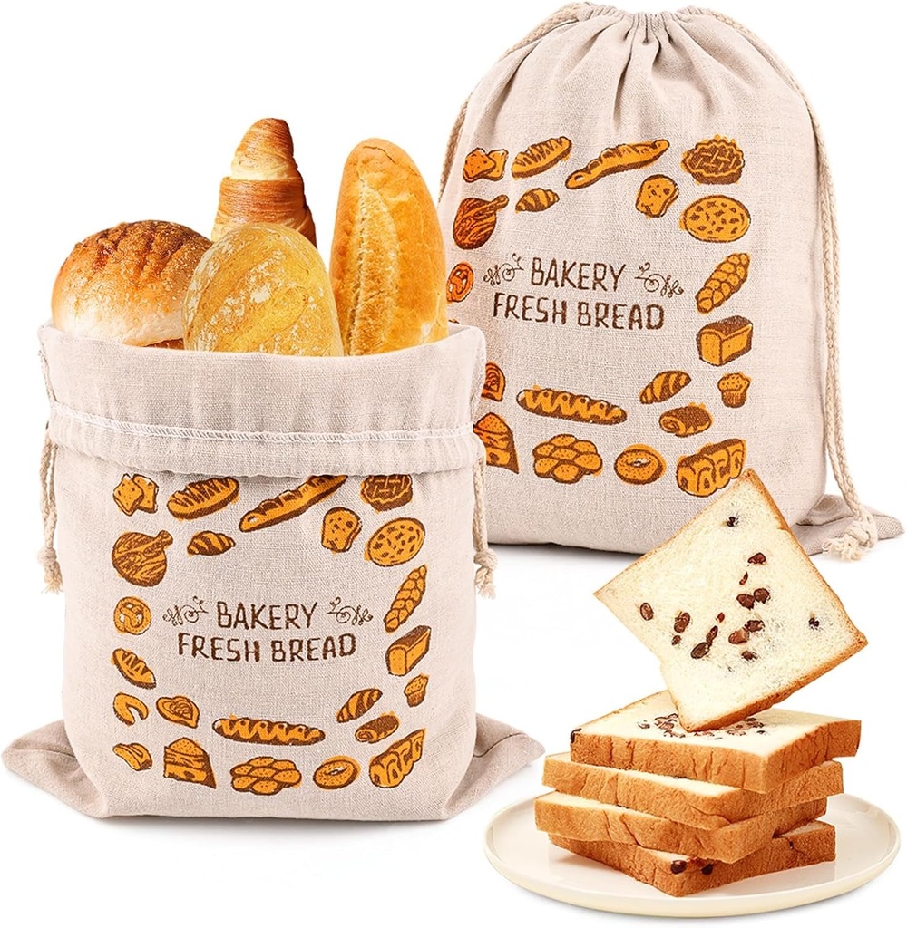 2Pcs Linen Bread Bags, 12 x 15 Inches Reusable Drawstring Bread Bags, Homemade Bread Container, Unbleached Drawstring Bread Bagsfor Toast, Loaf and Sandwich Storage