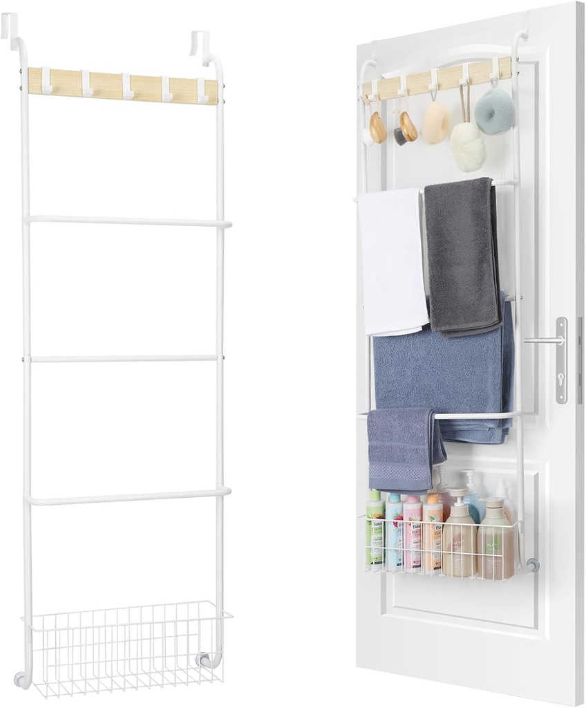Over The Door Towel Rack, 5-Tier Towel Racks for Bathroom Door Hanging, Bathroom Back of Door Towel Bar, Door Blanket Holder for Clothes, Washcloths,Hand Towels, Sponges,White