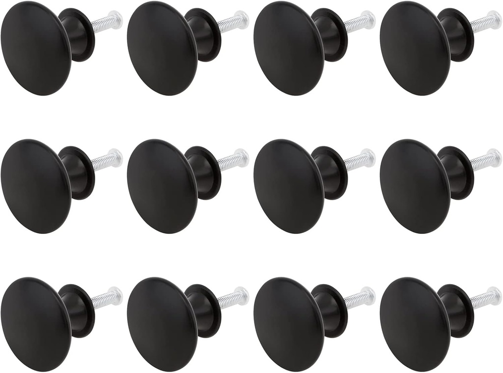 12 Pack Matte Black Cabinet Knob 1-1/6 Inch Round Cabinet Hardware Knobs for Bedroom Dresser Drawer, Kitchen Cupboard Door and Bathroom Drawer Hardware