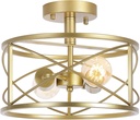 Gold Semi Flush Ceiling Light Fixture, 2-Light Farmhouse Flush Mount Light Fixtures, Modern Industrial Metal Cage Pendant Lighting for Hallway, Bedroom, Kitchen, Foyer, Living Room, Dining Room