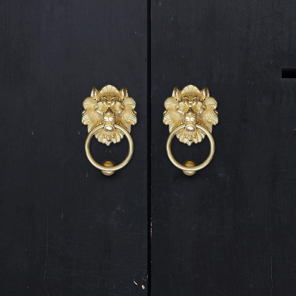 Door Knocker, Door Knocker Lion Head Pull Knockers Handle, Classic Vintage Lion Mouth Gate Knocker, Gold Metal Drawer Dresser Cupboard Handle, Pull Ring with Screw