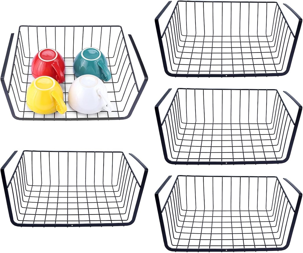 HOMOKUS 5pcs Under Shelf Wire Basket,Hanging Storage Baskets,Under Cabinet Add-on Storage Racks,Slides Under Cabinet Shelf Baskets Organizer for Kitchen Pantry Counter Desk Bookshelf (Black)