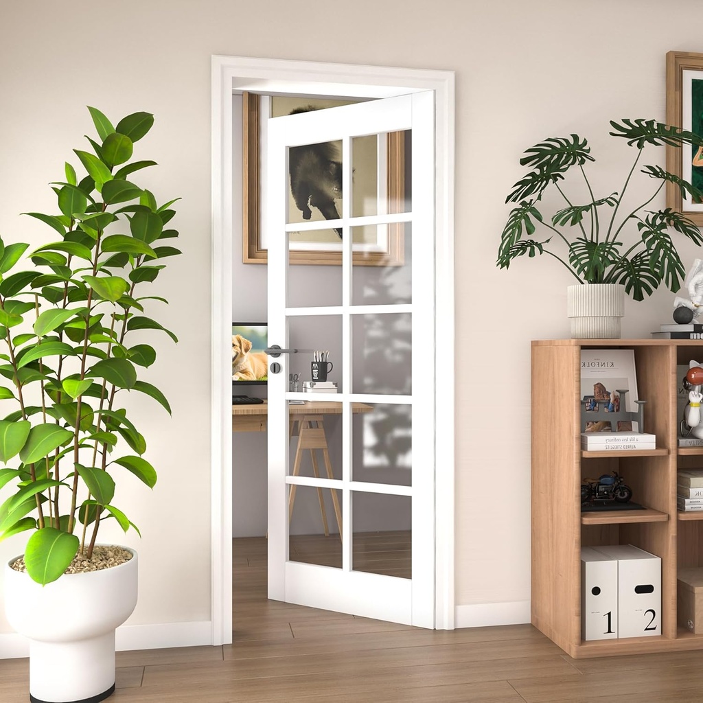 32"x 80" Interior Slab Door, 10-Lite Clear Glass French Door Slab, Pre-Assembled White Primed Solid Core Panel w/o Prehung Jamb, for Pantry Closet Laundry Room Office