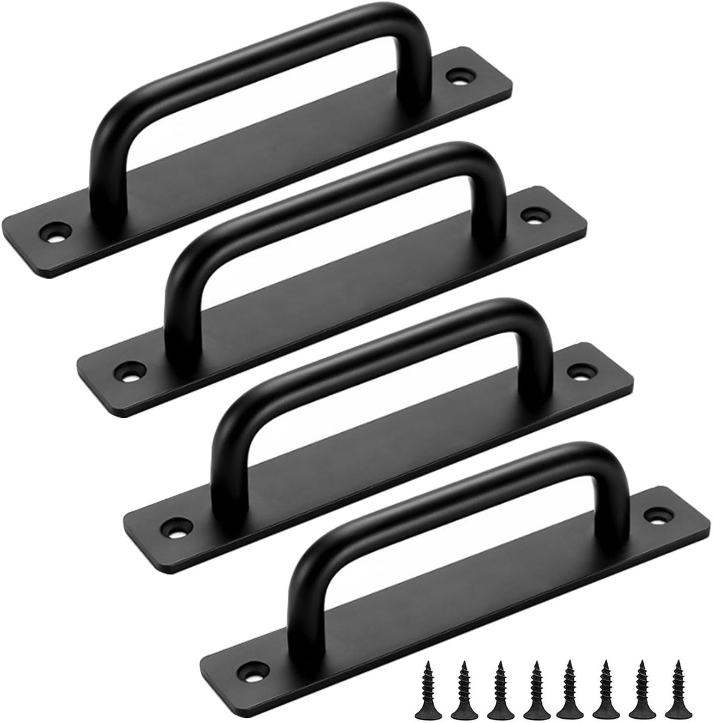 8-Piece Metal Barn Door Pulls - Flat Head Long Base Pulls for Barn Doors, Drawers, Cabinets (Black)