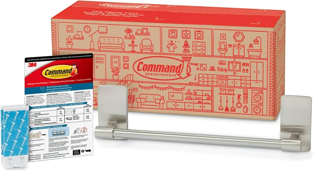 Command Hand Towel Bar Satin Nickel with Water Resistant Command Strips, Bathroom Décor, 9 in Bar Length Holds up to 3 lbs