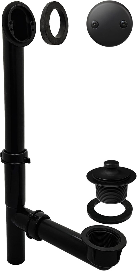 Westbrass 597144-62 14" Poly Tubular Bath Waste & Overflow Assembly with 2-Hole Faceplate and Pull to Open Drain Plug, 1-Pack, Matte Black