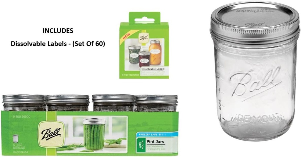 Ball Mason PINT Jars Wide-Mouth Can or Freeze with Lids and Bands, Set of 12, + Dissolvable Labels - (Set Of 60)