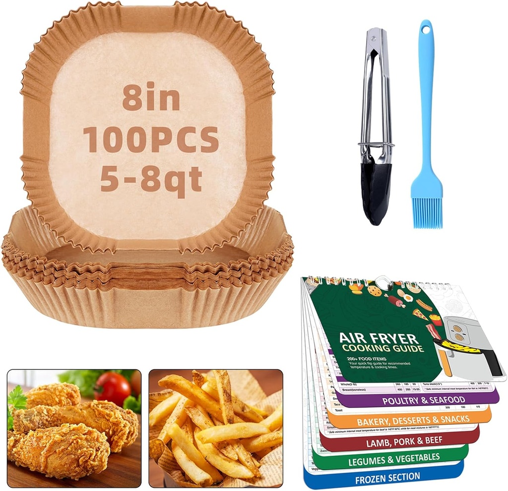 Air Fryer Liners Disposable 7.9” Square Airfryer Liners, 100 Pcs Air Fryer Parchment Paper Liners, Non-Stick airfryer paper liners, Air Fryer Cheat Sheet Magnets Over 200 Foods (Air Fryer Accessories)