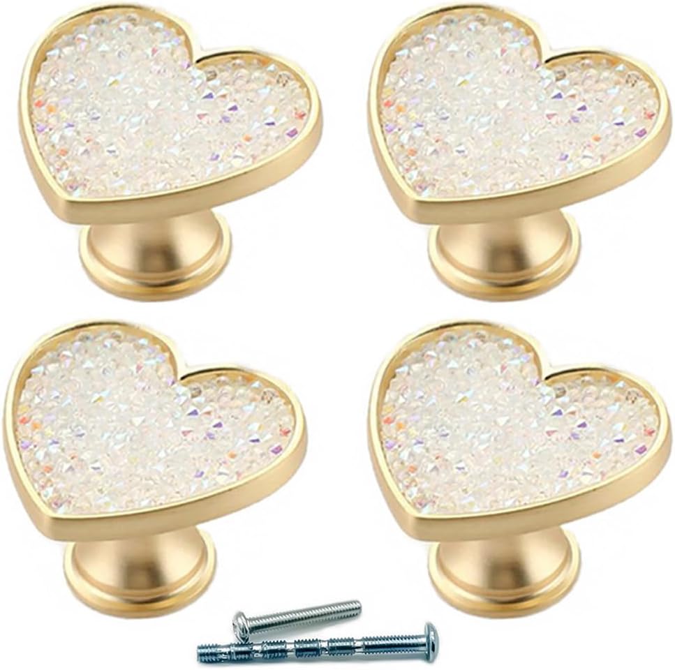 4Pcs Golden-Brass-Heart-Drawer-Knobs, White-Crystal-Cabinet-Knobs, Gold-Copper-Furniture-Cupboard-Dresser-Handles (White Crystal)