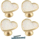 4Pcs Golden-Brass-Heart-Drawer-Knobs, White-Crystal-Cabinet-Knobs, Gold-Copper-Furniture-Cupboard-Dresser-Handles (White Crystal)