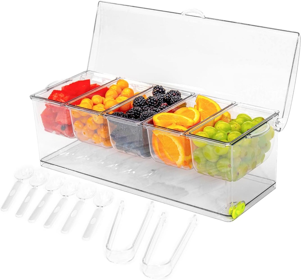 Ice Chilled 5 Compartment Condiment Serving Tray; Condiment Caddy with 5 Removable Containers; Cold Serving Trays for Food Party; Bar Accesories Fruit and Salad Caddy with Lid