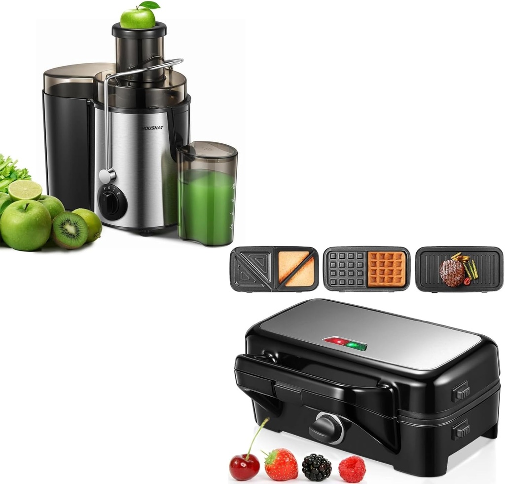 Juicer Machine 400W & Sandwich Maker, 1200W 3 in 1 Waffle Maker with Removable Plates, black