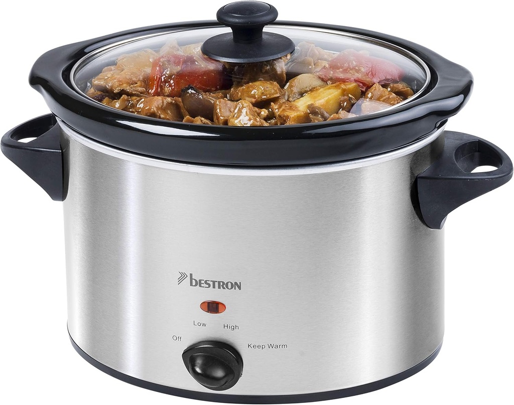 Bestron Slow Cooker for 4 People with Ceramic Pan and Glass Lid 3-Step Thermostat, Ideal for Many Dishes such as Meat, Soups and Vegetables, 3.5 Litres, Colour: Silver