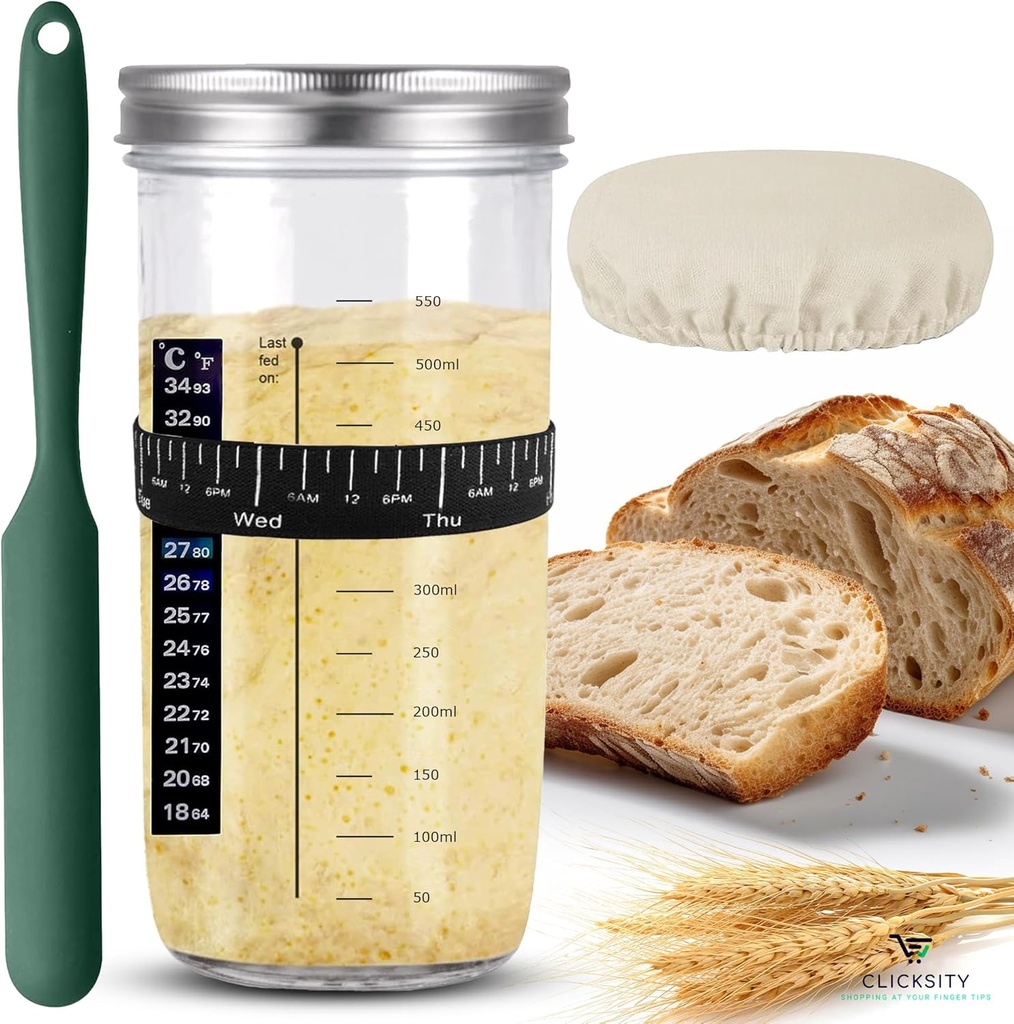 24 oz Sourdough Starter Kit with Green Silicon Spatula, Feeding band, Thermometer, Wide Mouth Glass Jar, Breathable cloth cover, Air-tight seal