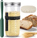 24 oz Sourdough Starter Kit with Green Silicon Spatula, Feeding band, Thermometer, Wide Mouth Glass Jar, Breathable cloth cover, Air-tight seal