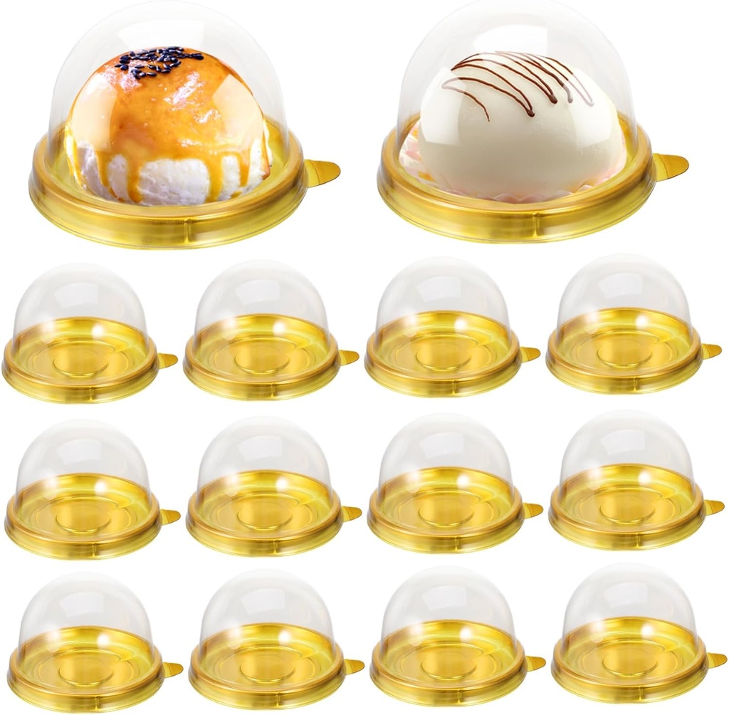 100pcs Round Plastic Egg Yolk Puff Blister Box Container with Dome Food-grade Packaging for Cupcakes Pastries and Desserts Eco-friendly Design with Golden Base