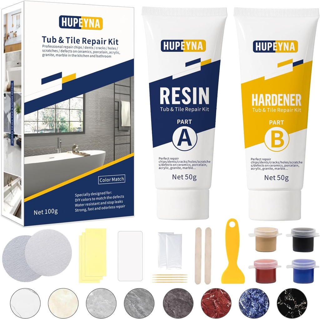 Tub, Tile and Shower Repair Kit (Color Match), Hupeyna Porcelain Repair Kit, Bathtub Repair Kit for Chips Dents Cracks Holes Scratchs, etc. Fiberglass Repair Set - Offer More Color Options