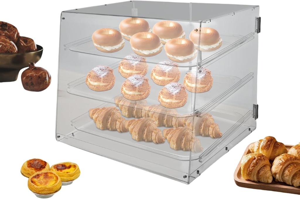 Bakery Display Case Countertop 3-Tier Pastry Display Case Large Acrylic Clear Bakery Storage Box with Rear Door Commercial Bread Box for Kitchen Keep Fresh for Donut Bagels Cake Cookie