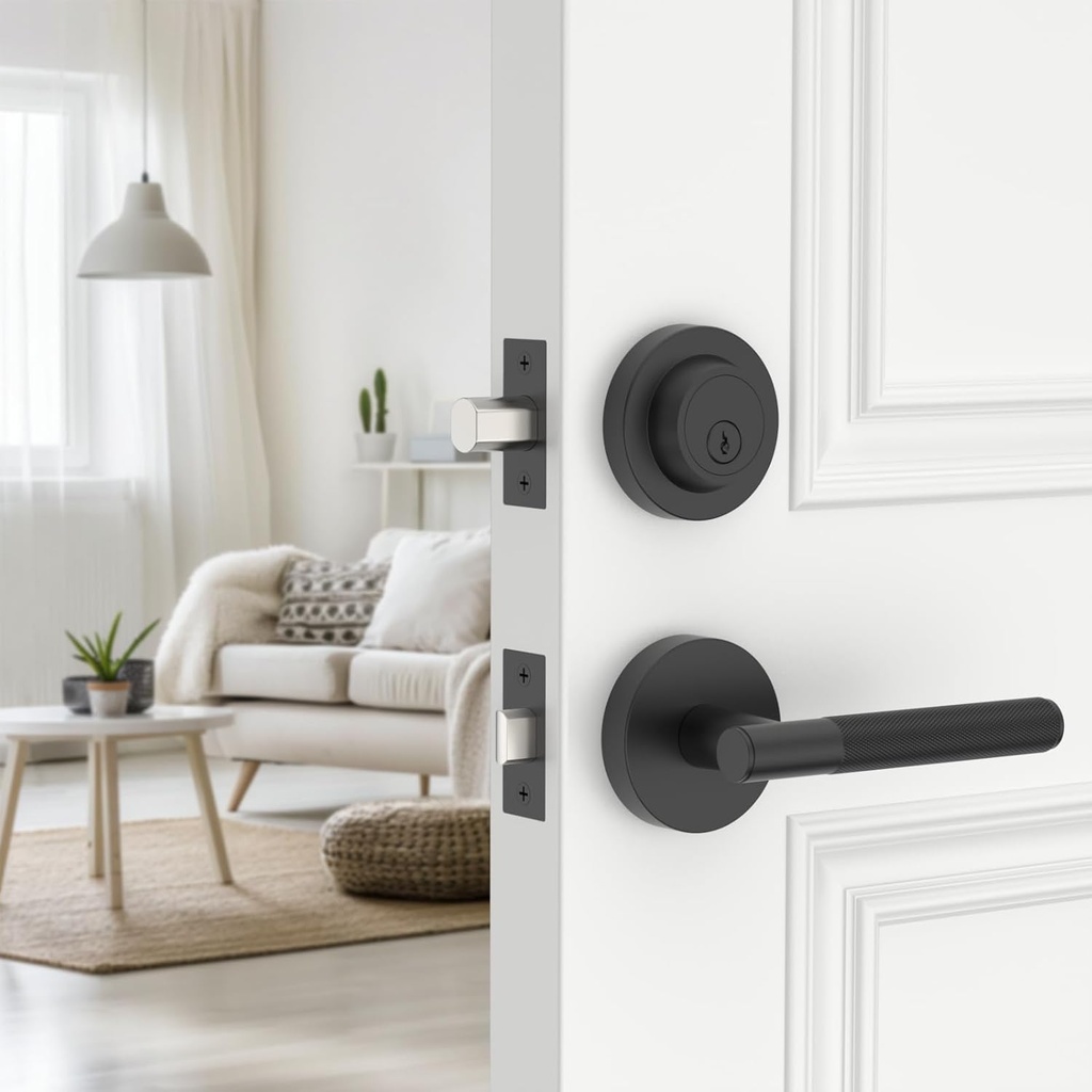 Amerdeco Front Door Lock Set with Double Cylinder Deadbolt, Black Exterior Entry Door Lever, Heavy Duty Entry Door Locksets for Left or Right Hand Exterior Door（Black 2 Pack）