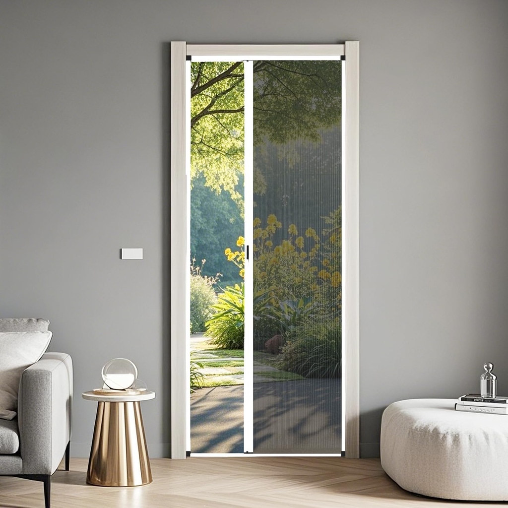 No-Drill Retractable Screen Door with Aluminum Frame,Customizable Size Sliding Screen Door, Low Track & Keep Out Bugs Folding Door for Bedroom,Patio,Front Door (White)