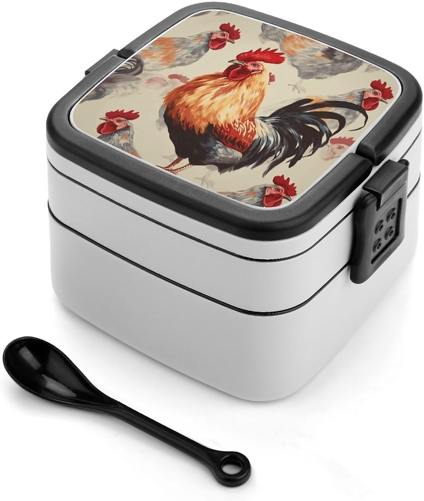 Animal Art Chicken Painting Bento Box Adult Lunch Box Containers with Spoons Double Layered Lunch Containers Portable Lunch Boxes Food Container for Work Picnic Travel