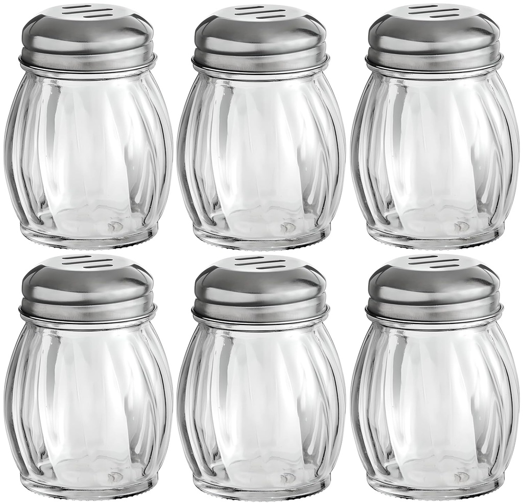OCS Parts 3.5-Inch Glass Shakers with Chrome Plated Slotted Lids | 6-Pack | Grated Cheese, Chili and Red Pepper Shaker for Home Kitchens, Delis, Restauarants, and Pizza Parlors