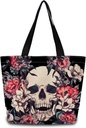 Floral Skull Tote Bag Reusable Grocery Bags Cute Aesthetic Shopping Shoulder Handbag with Interior Zipper Pocket Lightweight & Washable Stylish Floral Skull Present for Women
