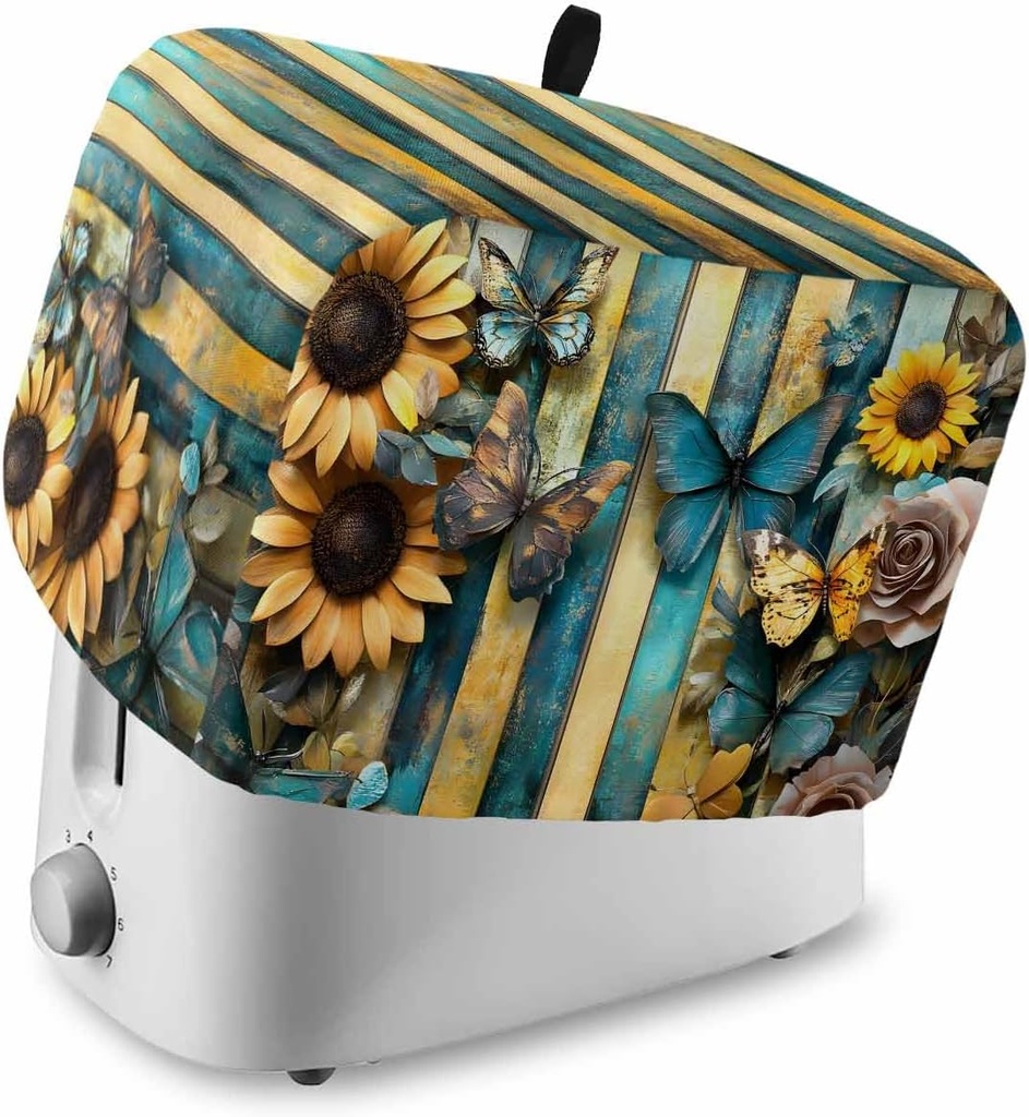 Butterfly Flower Toaster Cover 2 Slice, Yellow Teal Vertical Striped Vintage Dustproof Bread Machine Oven Cover with Storage Pockets, Fits Most Kitchen Toasters Protector