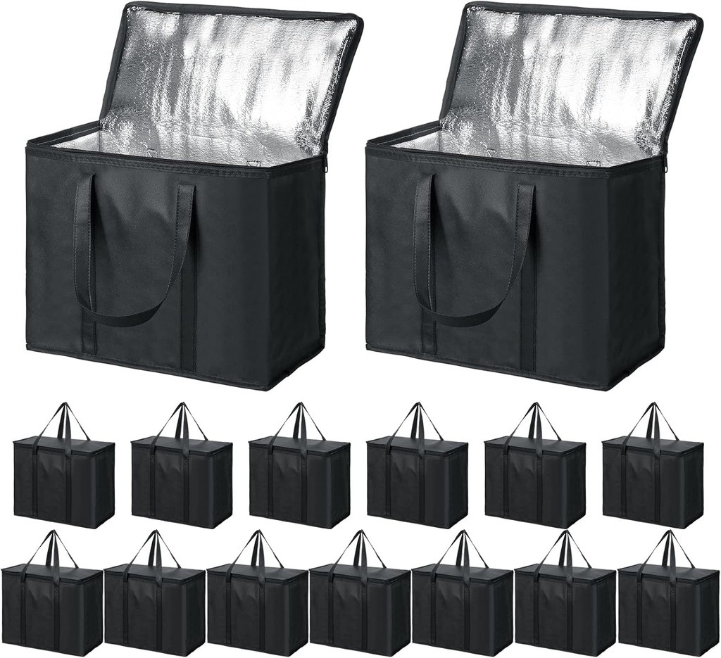 Kenning 15 Pcs Large Insulated Reusable Grocery Bags with Sturdy Zipper and Handles Foldable Washable Cooler Totes Heavy Duty Hot or Cold Food Delivery Bag for Food Transport Travel Lunch (Black)