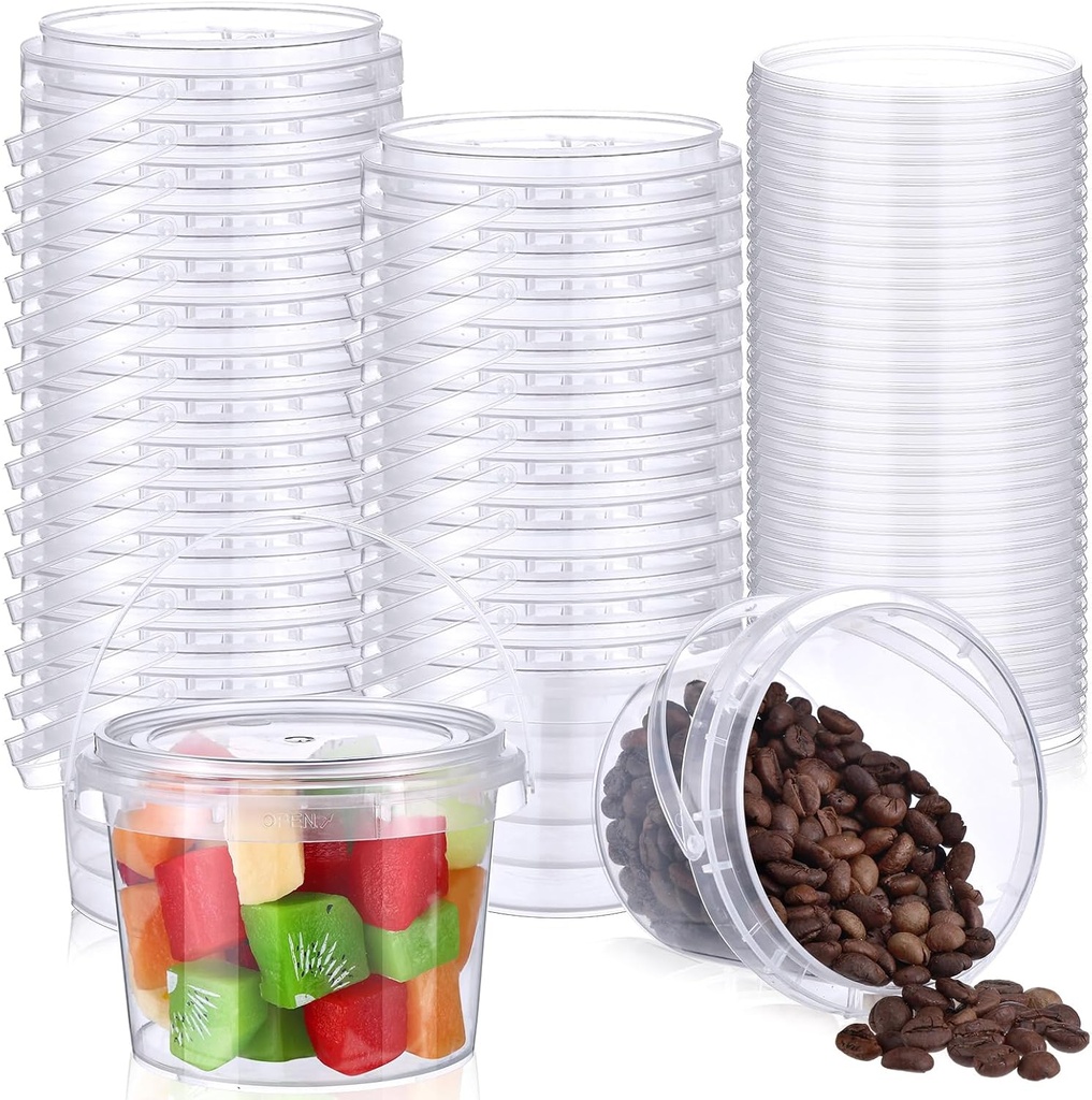 Mifoci 50 Pcs Food Clear Bucket Plastic Gallon Bucket Round Reusable Ice Cream Containers with Lids and Handles Airtight Clear Plastic Tub Freezer Reusable Pail for Kitchen Drinks Home (8oz)