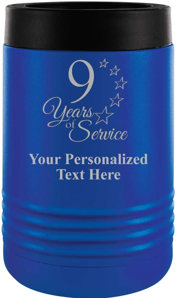 Custom Beverage Holder, 12 oz Blue Personalized 9 Years Of Service Insulated Can Cooler Prime