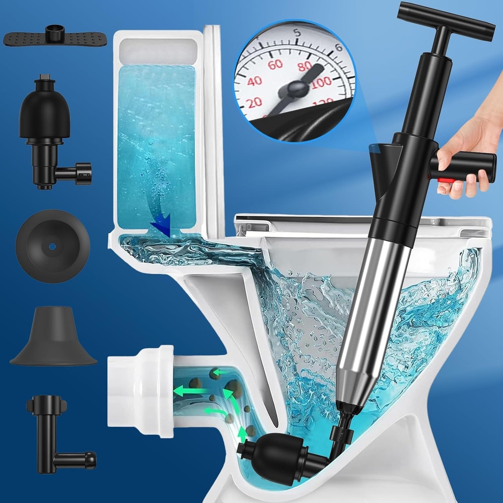 Toilet Plunger, Upgraded High Pressure Toilet Plunger Air Plungers Sink Plunger with Visual Barometer, Stainless Steel Air Drain Blaster, Powerful Drain Clog Remover for Bathroom,Kitchen,Clogged Pipe
